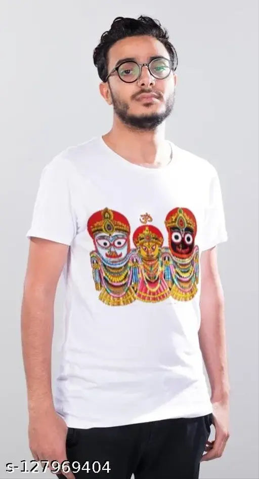White Cotton Blend Rath Yatra Jagannath Face T-shirt, printed net design, regular fit, great for devotees