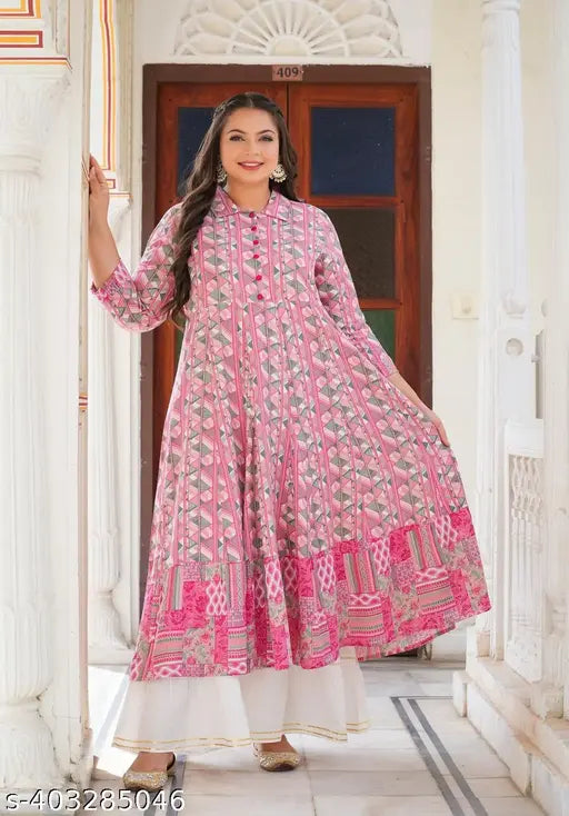 Mandarin Pink Rayon Kurti, Floral Print Three-Quarter Sleeves - Indian Women's Fashion