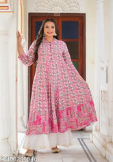 Mandarin Pink Rayon Kurti, Floral Print Three-Quarter Sleeves - Indian Women's Fashion