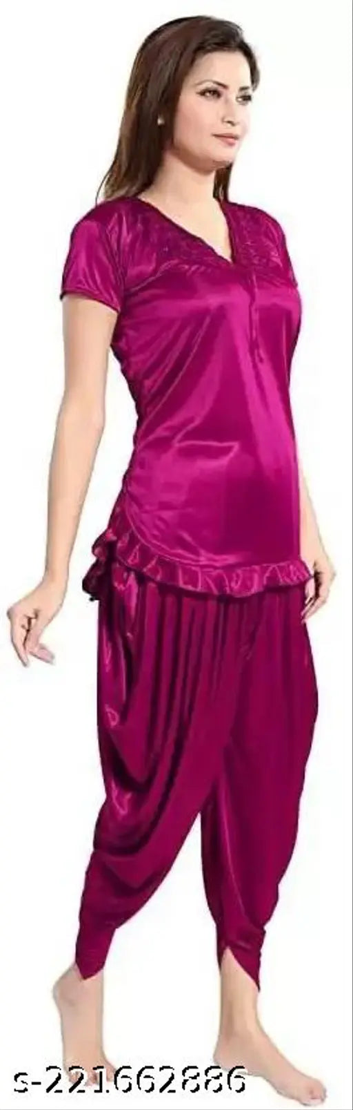 Purple satin Patiala night suit with short sleeves and lace details, designed for comfortable and trendy loungewear