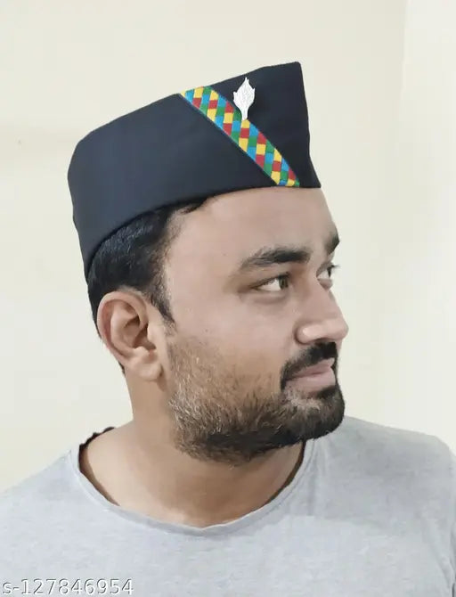 Black and maroon traditional cotton Pahadi Brahmakamal cap from Uttrakhand, India