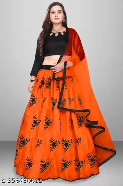 Trendy satin lehenga with botanical print, free-size, semi-stitched or unstitched, embellished net dupatta, Indian origin