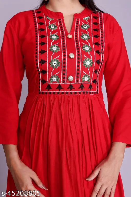 Rayon embroidered kurti with 3/4 sleeves, 44'' length, Mandarin neck - Indian women's fashion