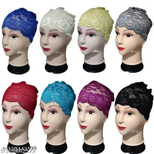 Modern Lycra hijab cap set, pack of 8 self-design lace head wraps from India