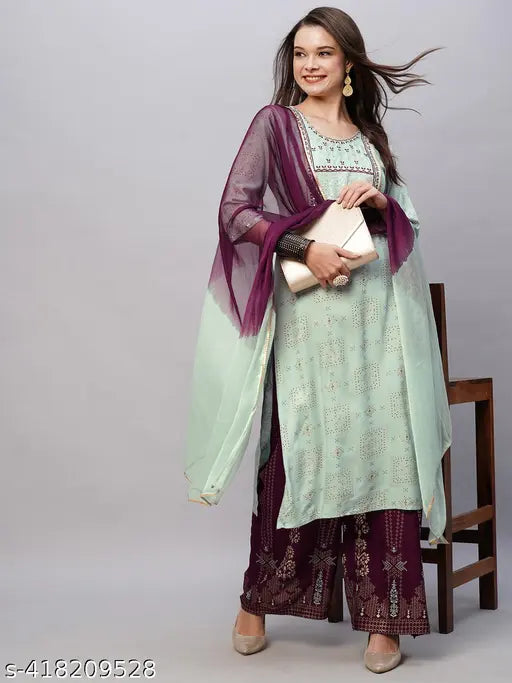 Grey Kiana rayon kurta set pack of 3 with embroidered net print, three-quarter sleeves, and palazzo bottoms. Stylish Indian ethnic wear for women." (124 characters)