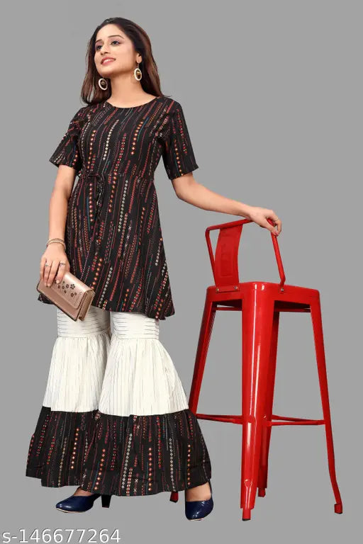 Printed rayon kurta set with sharara bottom, Indian ethnic women's tunic top and bottomwear, short sleeves, single size available