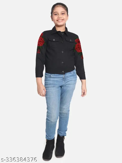 Trendy black cotton denim jacket for girls, self-design with stretchable regular fit and long sleeves, pink accent details, size 9-10 or 11-12 years. Made in India