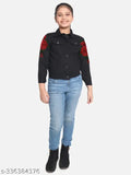 Trendy black cotton denim jacket for girls, self-design with stretchable regular fit and long sleeves, pink accent details, size 9-10 or 11-12 years. Made in India