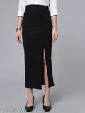 Black polyester solid pencil skirt with high slit, women's fashion accessory for sizes 26, 28, 30, 32, 34 (India origin)