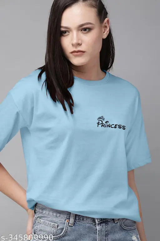 Sky blue polycotton women's oversized graphic printed T-shirt, short sleeves with large net print design