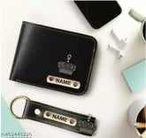 Tan faux leather customization wallet and Huk keychain combo, personalized men's accessory for gifting. Men's leather wallet with monogram option, free size (11cm x 9cm). Customizable wallet for men, genuine leather available