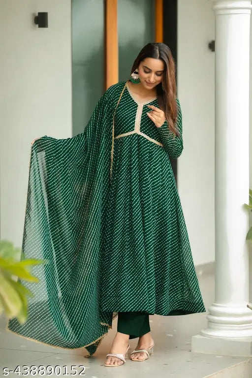 Green Georgette Anarkali Long Sleeve Kurta with Dupatta Set, traditional party wear for girls and women, flower print design