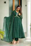 Green Georgette Anarkali Long Sleeve Kurta with Dupatta Set, traditional party wear for girls and women, flower print design