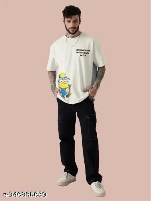 Mens oversized polycotton printed t-shirt in white, funky design for men's fashion. Large fit, three-quarter sleeves. Available sizes from S to 6XL. Made in India