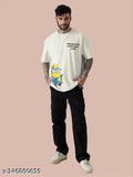 Mens oversized polycotton printed t-shirt in white, funky design for men's fashion. Large fit, three-quarter sleeves. Available sizes from S to 6XL. Made in India
