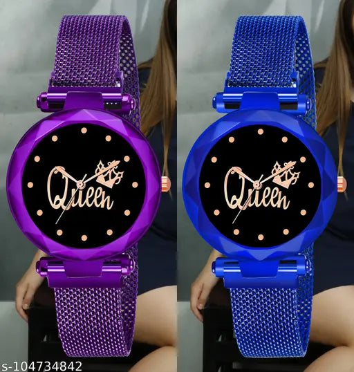 Black stainless steel Queen Dial Magnetic Belt Combo watches for women and girls, durable and water-resistant, perfect for casual & formal wear
