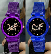 Black stainless steel Queen Dial Magnetic Belt Combo watches for women and girls, durable and water-resistant, perfect for casual & formal wear