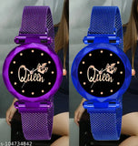 Black stainless steel Queen Dial Magnetic Belt Combo watches for women and girls, durable and water-resistant, perfect for casual & formal wear