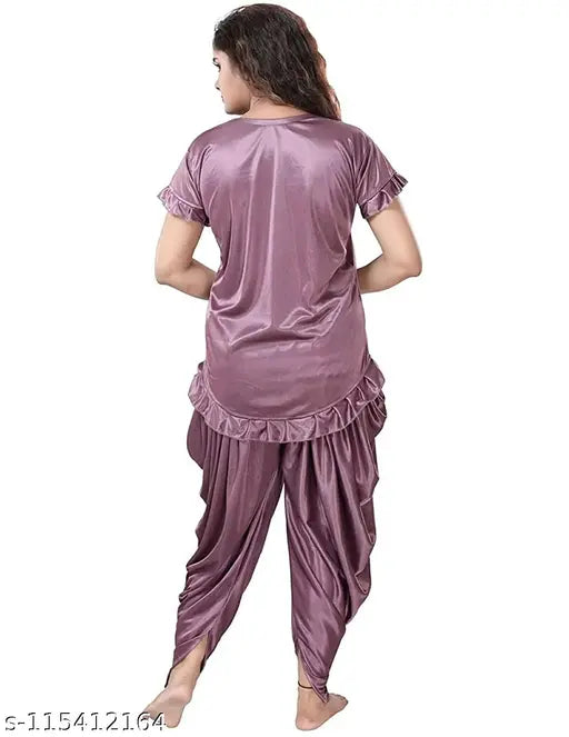 Free size Ankona women's satin dhoti set night suit, elegant Indian traditional attire with short sleeves and patiala pants made of shiny satin fabric