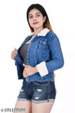 Stylish girls denim jacket with fur collar, solid denim three-quarter sleeve jacket for teenagers, India origin