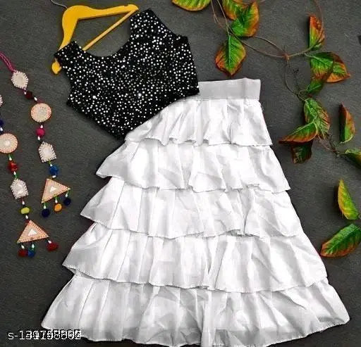 Black and White embroidered lehenga choli with net dupatta for women, free size (W43-L45, D2.2m), India origin