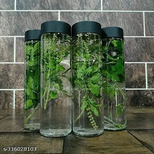 Classic glass water bottles, pack of 4 for refrigerator storage