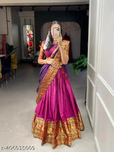 Unstitched South Indian Silk Blend Lehenga Dhavani for girls, long-sleeved Kalamkari pattern in solid style, Narayanpet origin
