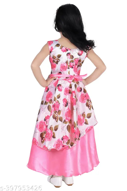 Trendy silk pink sleeveless printed gown for girls, ethnic wear, festive occasions. Digital print, luxurious silk fabric, various sizes available from 2-11 years