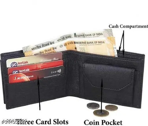 Attractive Men black two-fold leather wallet, hand-stitched with 4 compartments, free size (12cm x 10cm), India-origin classic bi-fold