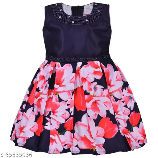 Navy Blue Satin Dress, Silver Kraft baby girls' frock, printed net pattern, 12-5 years