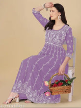 Georgette Alisha Superior Anarkali Kurti, Chikankari embroidered in 3/4 sleeves. Single size options: S (36in), M (38in), L (40in), XL (42in), XXL (44in). India-made, machine washable