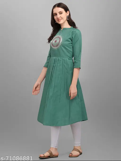 Cotton Kinjo Women's Anarkali embroidery work kurti, solid combo, three-quarter sleeves, Indian handcrafted clothing for XS to 6XL sizes