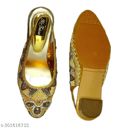 Synthetic gold heel belly sandals, embellished pattern, stylish & comfortable, from Hafiz Footwear, India (IND sizes 5-10)
