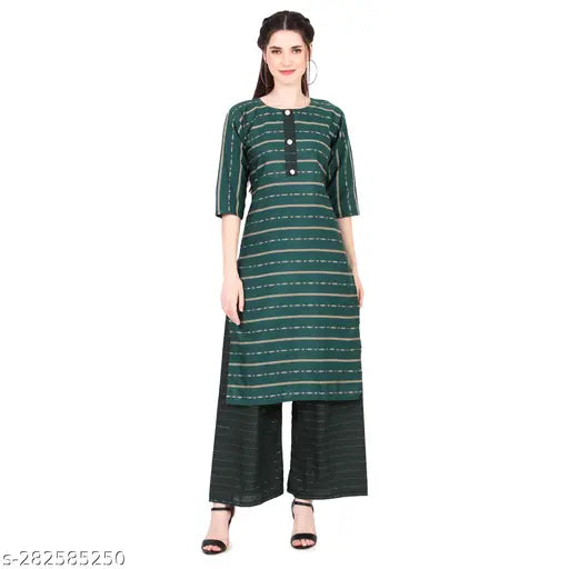 Striped cotton blend kurta and palazzo set for women, three-quarter sleeves, stylish Indian attire for couples