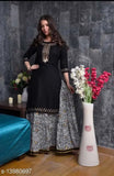 Demirner black rayon kurta skirt ethnic set, solid net three-quarter sleeves. Indo-western fashion on mannequin