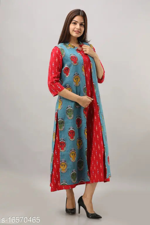 Red & Sky Blue Cotton A-Line Kurta Set, Ikat Print, Round Neck, Kalamkari Design, 3/4th Sleeve