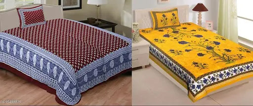 Jaipuri single cotton bedsheet combo, 2 single size with 2 pillow covers, 160 thread count, Indian-made for cozy bedrooms