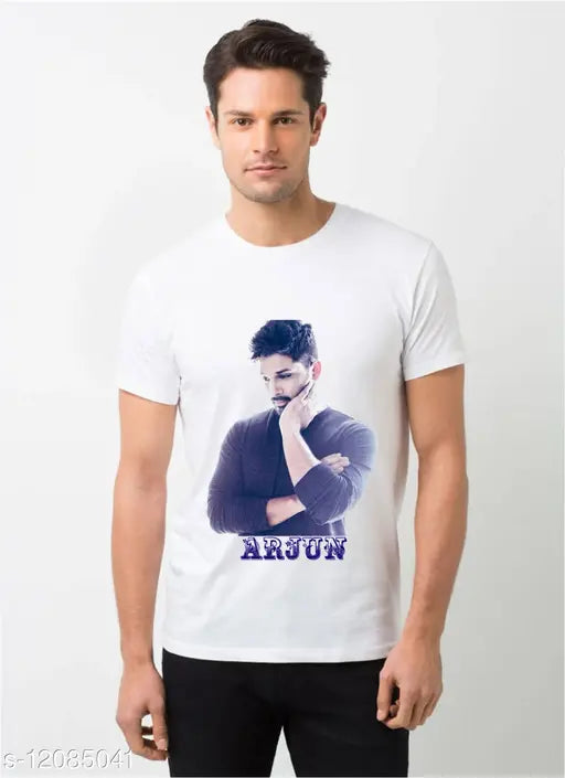 White polyester t-shirt featuring print of Allu Arjun, short sleeves, size M, Indian made