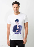 White polyester t-shirt featuring print of Allu Arjun, short sleeves, size M, Indian made