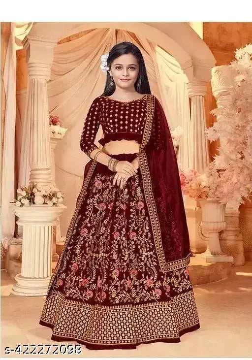 Maroon velvet lehenga-choli set, embellished with intricate embroidery. India-made festive wear for girls aged 3-15