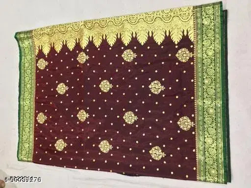Banarasi satin silk saree, golden zari woven pattern on rich Kanjeevaram silk fabric, traditional Indian attire for special occasions