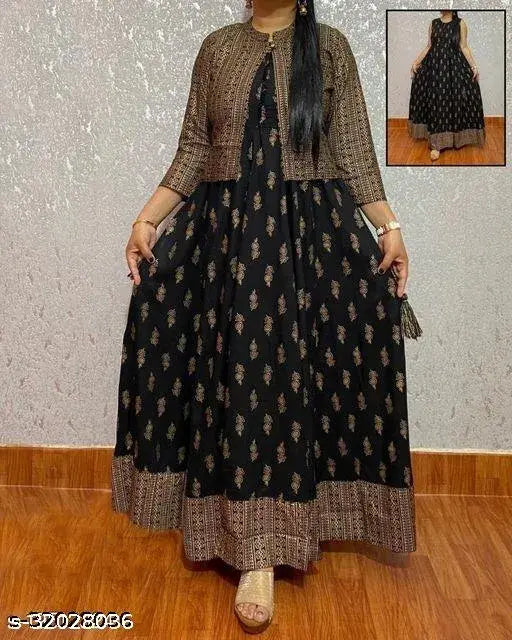 Rayon sleeveless printed combo kurta and koti in Aakarsha Graceful design, gold detailing on Indian fabric