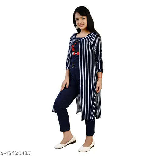 Navy striped cotton blend three-quarter sleeve girls' set: top, shrug with mask, ankle length pant - trendy, fashionable for 8-9 to 12-13 years