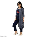 Navy striped cotton blend three-quarter sleeve girls' set: top, shrug with mask, ankle length pant - trendy, fashionable for 8-9 to 12-13 years