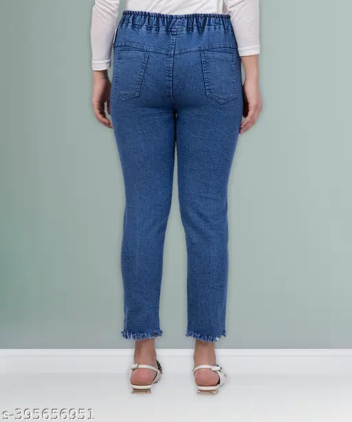 Stretchable premium denim blue knee-high slit baggy jogger jeans for plus size women, mid-rise and slim fit, Indian manufacturer