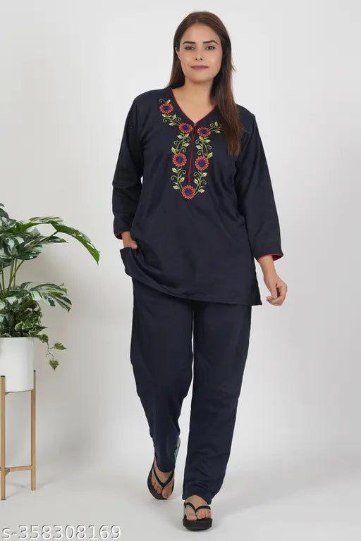 Woolen winter fleece nightwear top and pyjama with pocket, super soft and embroidered in a free size