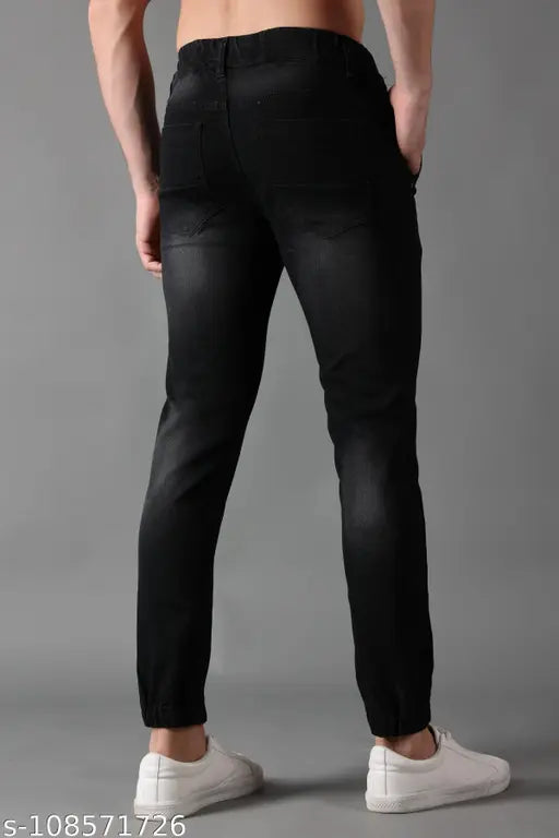 Denim men's regular black jeans, PRJ IN STYLE slim fit with elastic waistband, four pockets. High-quality fabric for everyday wear and comfort. Affordable daily fashion for various occasions. Made in India