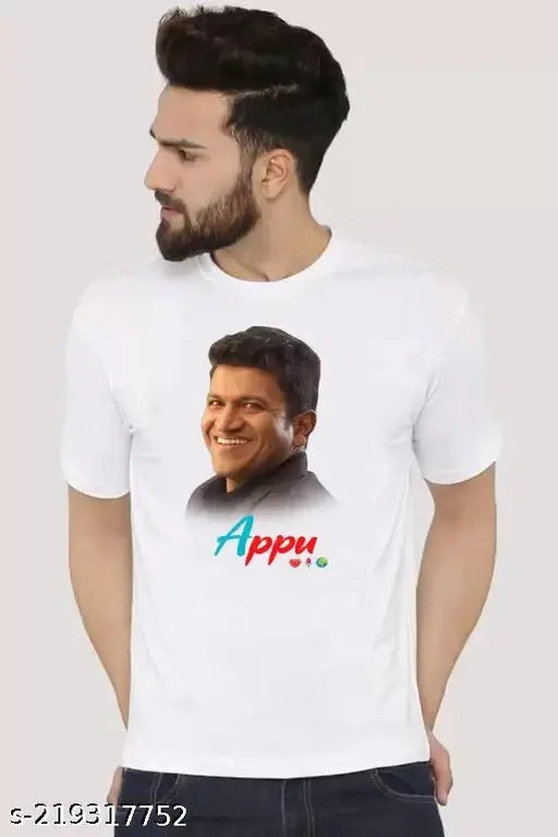 Trendy polyester printed t-shirt with short sleeves and round neck, white background featuring diverse patterns, Made in India