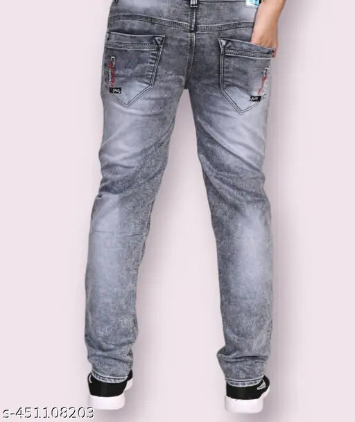 Stylish cotton blend grey men's jeans, solid pattern, India-made fashion wear on mannequin