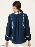 Blue viscose rayon frill neck loose fit shirt with tie-dye pattern, three-quarter sleeves, versatile for multiple outfits, India origin